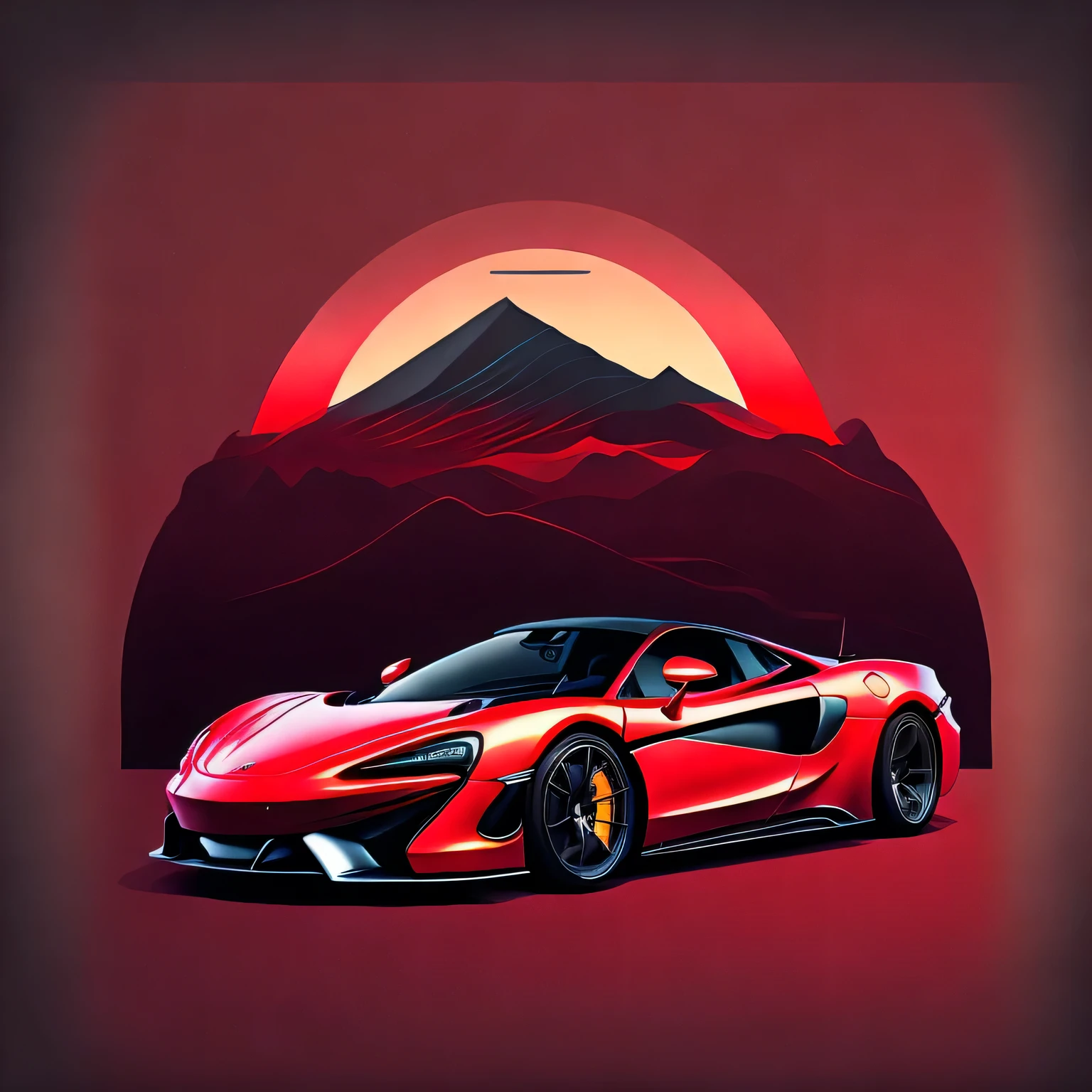Art for t-shirt graphic design, a modern graphic design, McLAREN 570S GT4 , Street, bold red color, vintage pastel background, highly detailed cleanliness, vector image, masterpiece realistic, professional photograpy, realistic car, car sunrise background, plain black background, isometric, vibrant vector