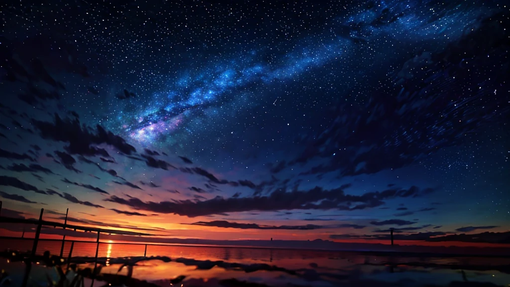 ((Highest quality)), ((masterpiece)), ((long range shooting)), ((photo)), evening,The water surface is like a mirror,Reflecting the sky。Look at the sky,The Milky Way is in the sky。