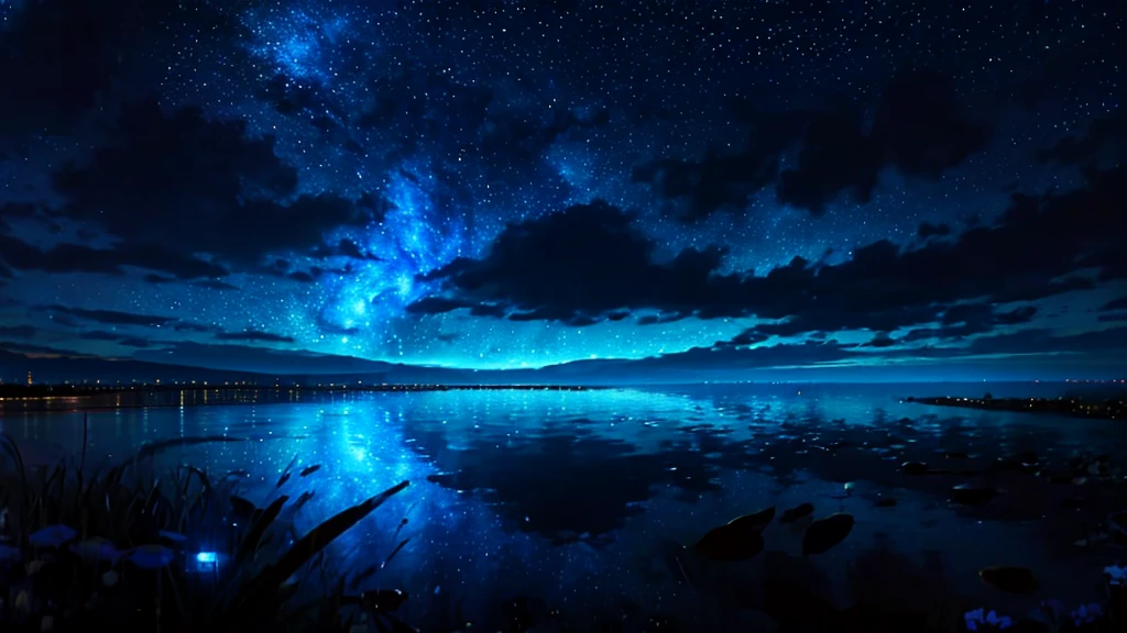 （（Highest quality））， （（masterpiece））， （（long range shooting））， （（photo））,  evening，The water surface is like a mirror，Reflecting the sky。Look at the sky，The Milky Way is in the sky。