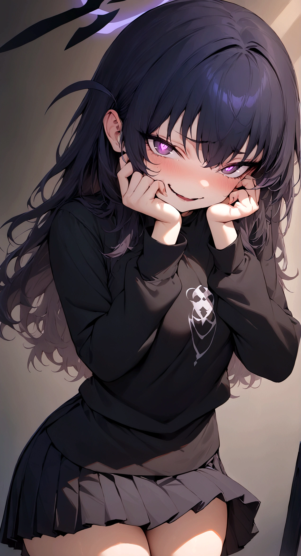 (Masterpiece, Best Quality:1.2), cowboy shot, Alone, 1 girl, mouths\(blue file\), evil smile, looking at the viewer, hands on own face, halo, , black seraph, black long sleeve shirt, black pleated skirt,bright eyes circular pupils,