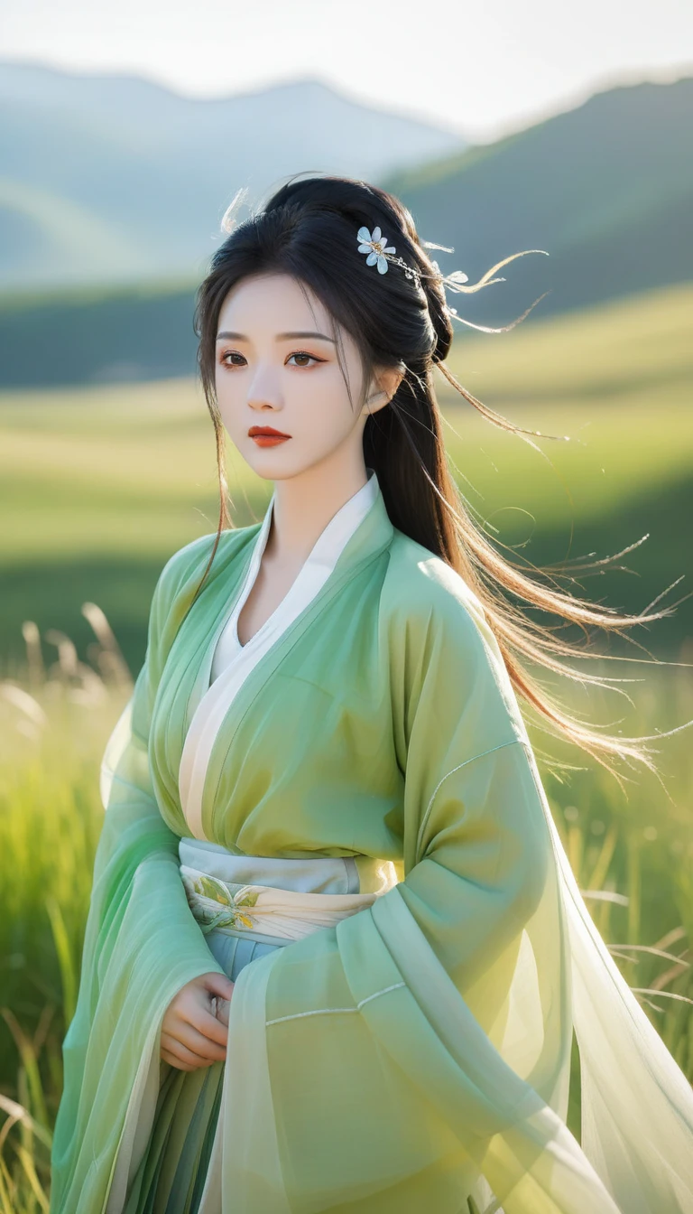 best quality,HD portrait photography, Looking at the audience,Female image wearing traditional Hanfu, Big breasts,summer,ruins,((Messy hair)),(grassland),(Yellow eyes),Ridiculous,(blond),Flowing hair,A large number of environments,middle Ages ,grace,prospect,Water Eye,wind,微wind,Divine Light,grassland,Mountains and lakes in the distance,The sun shines through the trees,A vast expanse of grassland,Pretty Face, beautiful eyes,