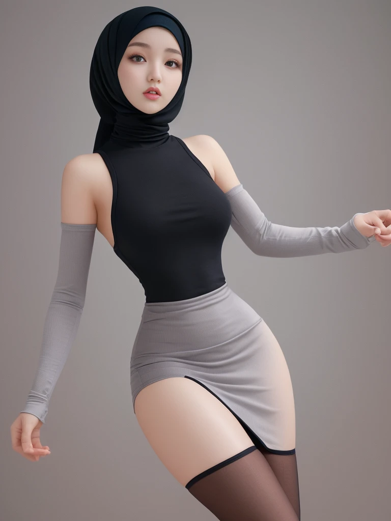 Ultra High Resolution, 8K, Hijab girl, Mongolian hijab girl, gorgeous Hijab girl, hyperdetailed, perfect body, lower body, Wear turtleneck tight dress, Mini skirt, Show thighs,
