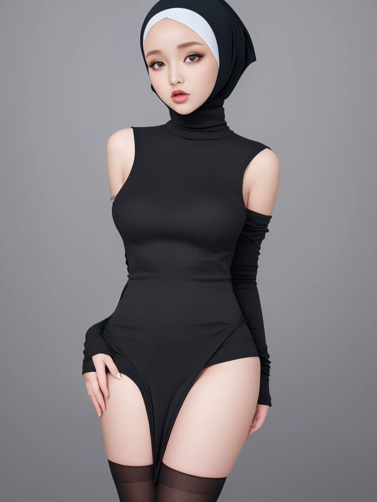 Ultra High Resolution, 8K, Hijab girl, Mongolian hijab girl, gorgeous Hijab girl, hyperdetailed, perfect body, lower body, Wear turtleneck tight dress, Mini skirt, Show thighs, 