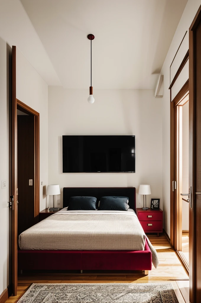 A big modern room in red and black theme, we're viewing it from its entrance door, there's a window at the right (2m away) as we enter from the door, the room is less expanded to right side but is expanded to left side. Furniture like couch has been kept near that window, then a bed in almost the centre of that room but a few distanced from that window, having a bedside table beside that bed. Make sure that the bed is modern, luxurious in theme of beige and some red. Infront of the bed (as we enter from the door, a modern and wide wardrobe, a dresser and some decorative items are kept on the furniture).
Make sure that the image is going to be realistic.