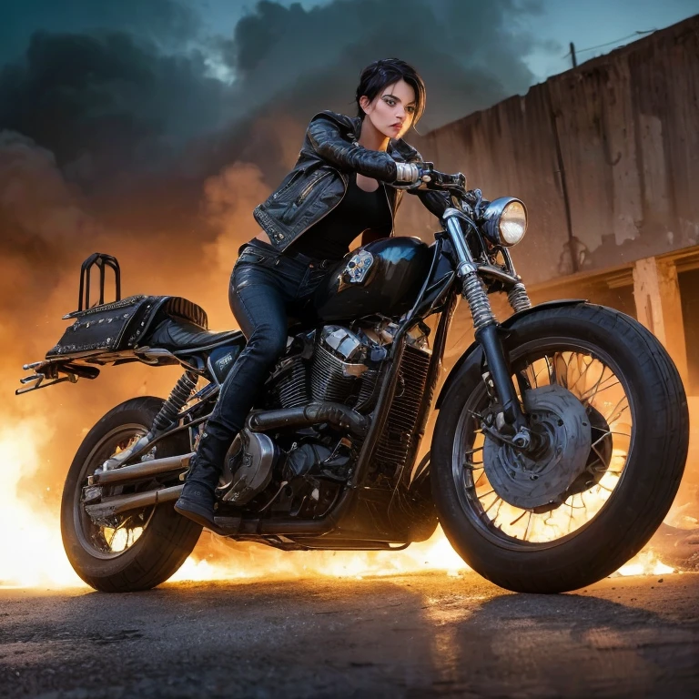 kate, Short black hair with blue highlights, gazing at viewer, blue colored eyes, perfectbody, sultry body, french braid, short hair, black hair, streaked hair, blue hair, cowboy shot, cinematic lighting, Hyperrealism, textured skin, highres, 8K, high details