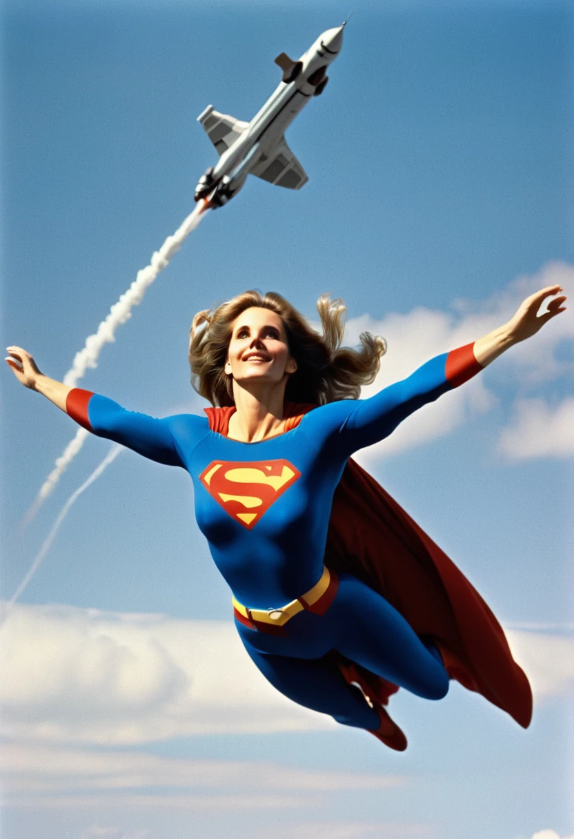 Julie Hagerty 1980 Superman movie; impulse to jump - position to take flight; arms stretched upwards; floating towards the sky. "For the up and away"