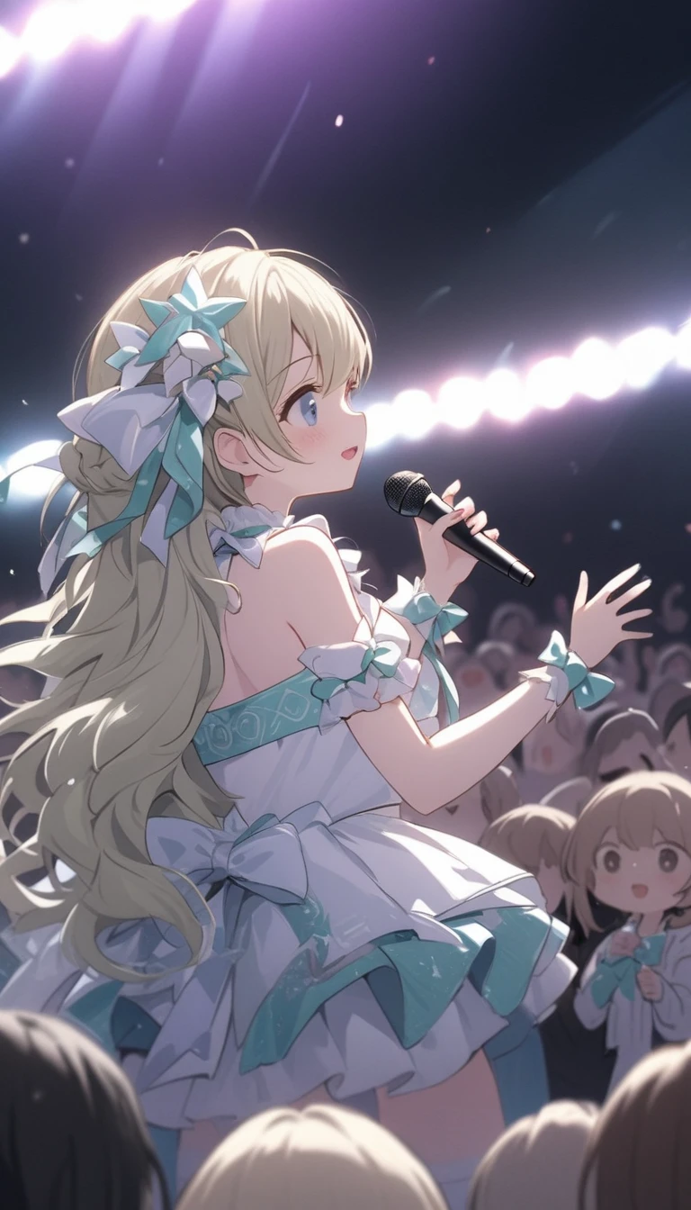 Chibi Character、、、bionde、Brat、Sing with a microphone、white idol costume,A back view of a singer singing to a large audience