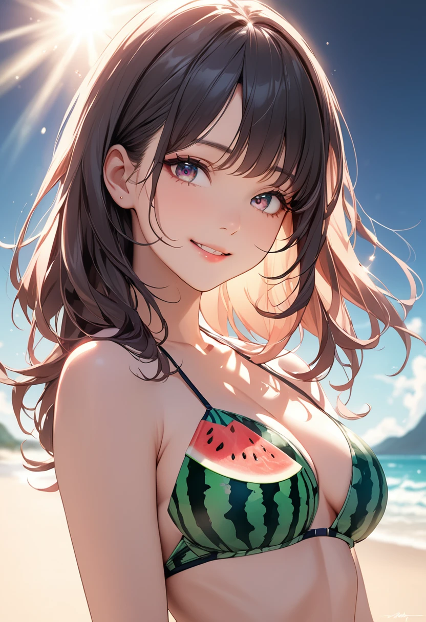 (masterpiece:1.5),(Beat quality),(high res),1girl solo,beautiful face,smile(shining eyes),upper body,light effects,Watermelon print bikini woman,Sandy Beach