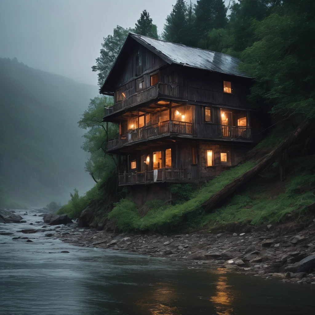 An old, wooden house with peeling paint, perched precariously on the edge of a steep, rocky cliff, With a height of approximately 300 meters. 
 * The river below is overflowing and the current is strong, carrying mud and tree branches.
 * Heavy rain is falling relentlessly, accompanied by lightning and thunder that shakes the entire house.
 * The sky is a dark gray, blocking out the sun and making the atmosphere even more oppressive.
Audio:
 * The sound of heavy rain hitting the roof and windows of the house.
 * The roar of the river as it rushes past the rocks.
 * The deafening rumble of thunder, as if it's shaking the whole house.
 * The howling wind blowing strong, sending tree branches and leaves flying.
Super masterpiece, 8K, Best Quality, Ultra-detailed, Cinematic and beautiful lighting, Intricate details, Looking at Viewer, depth of fields,natta,Fantastic scenery at night