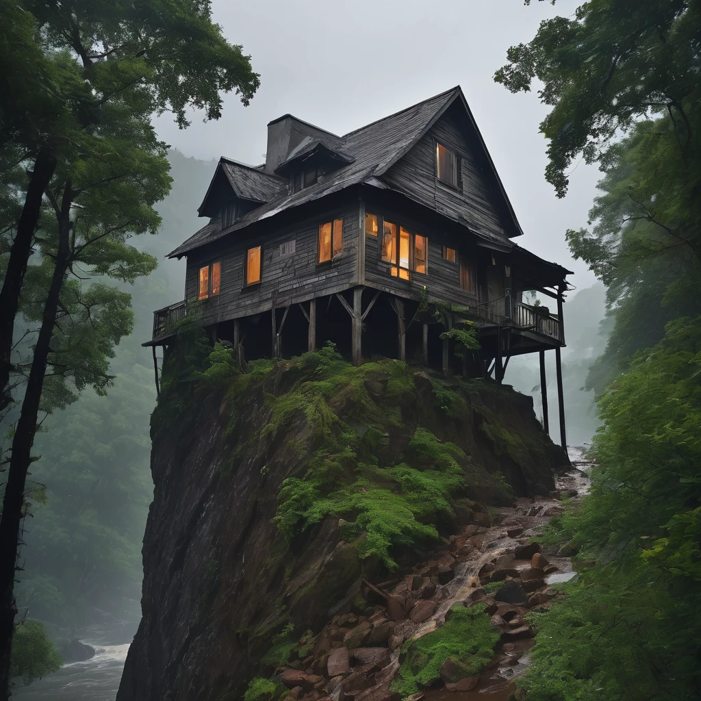 An old, wooden house with peeling paint, perched precariously on the edge of a steep, rocky cliff, With a height of approximately 300 meters.
* The river below is overflowing and the current is strong, carrying mud and tree branches.
* Heavy rain is falling relentlessly, accompanied by lightning and thunder that shakes the entire house.
* The sky is a dark gray, blocking out the sun and making the atmosphere even more oppressive.
Audio:
* The sound of heavy rain hitting the roof and windows of the house.
* The roar of the river as it rushes past the rocks.
* The deafening rumble of thunder, as if it's shaking the whole house.
* The howling wind blowing strong, sending tree branches and leaves flying.
Super masterpiece, 8K, Best Quality, Ultra-detailed, Cinematic and beautiful lighting, Intricate details, Looking at Viewer, depth of fields,natta,Fantastic scenery at night
