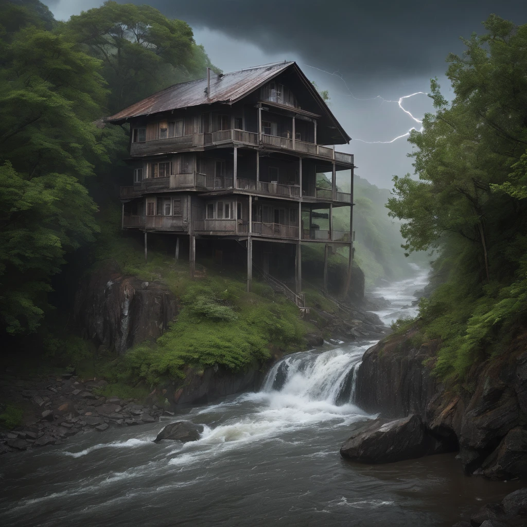 An old, wooden house with peeling paint, perched precariously on the edge of a steep, rocky cliff, With a height of approximately 300 meters.
* The river below is overflowing and the current is strong, carrying mud and tree branches.
* Heavy rain is falling relentlessly, accompanied by lightning and thunder that shakes the entire house.
* The sky is a dark gray, blocking out the sun and making the atmosphere even more oppressive.
Audio:
* The sound of heavy rain hitting the roof and windows of the house.
* The roar of the river as it rushes past the rocks.
* The deafening rumble of thunder, as if it's shaking the whole house.
* The howling wind blowing strong, sending tree branches and leaves flying.
Super masterpiece, 8K, Best Quality, Ultra-detailed, Cinematic and beautiful lighting, Intricate details, Looking at Viewer, depth of fields,natta,Fantastic scenery at night