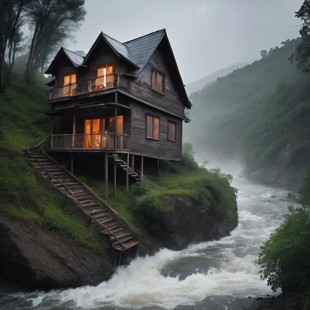 An old, wooden house with peeling paint, perched precariously on the edge of a steep, rocky cliff, With a height of approximately 300 meters.
* The river below is overflowing and the current is strong, carrying mud and tree branches.
* Heavy rain is falling relentlessly, accompanied by lightning and thunder that shakes the entire house.
* The sky is a dark gray, blocking out the sun and making the atmosphere even more oppressive.
Audio:
* The sound of heavy rain hitting the roof and windows of the house.
* The roar of the river as it rushes past the rocks.
* The deafening rumble of thunder, as if it's shaking the whole house.
* The howling wind blowing strong, sending tree branches and leaves flying.
Super masterpiece, 8K, Best Quality, Ultra-detailed, Cinematic and beautiful lighting, Intricate details, Looking at Viewer, depth of fields,natta,Fantastic scenery at night