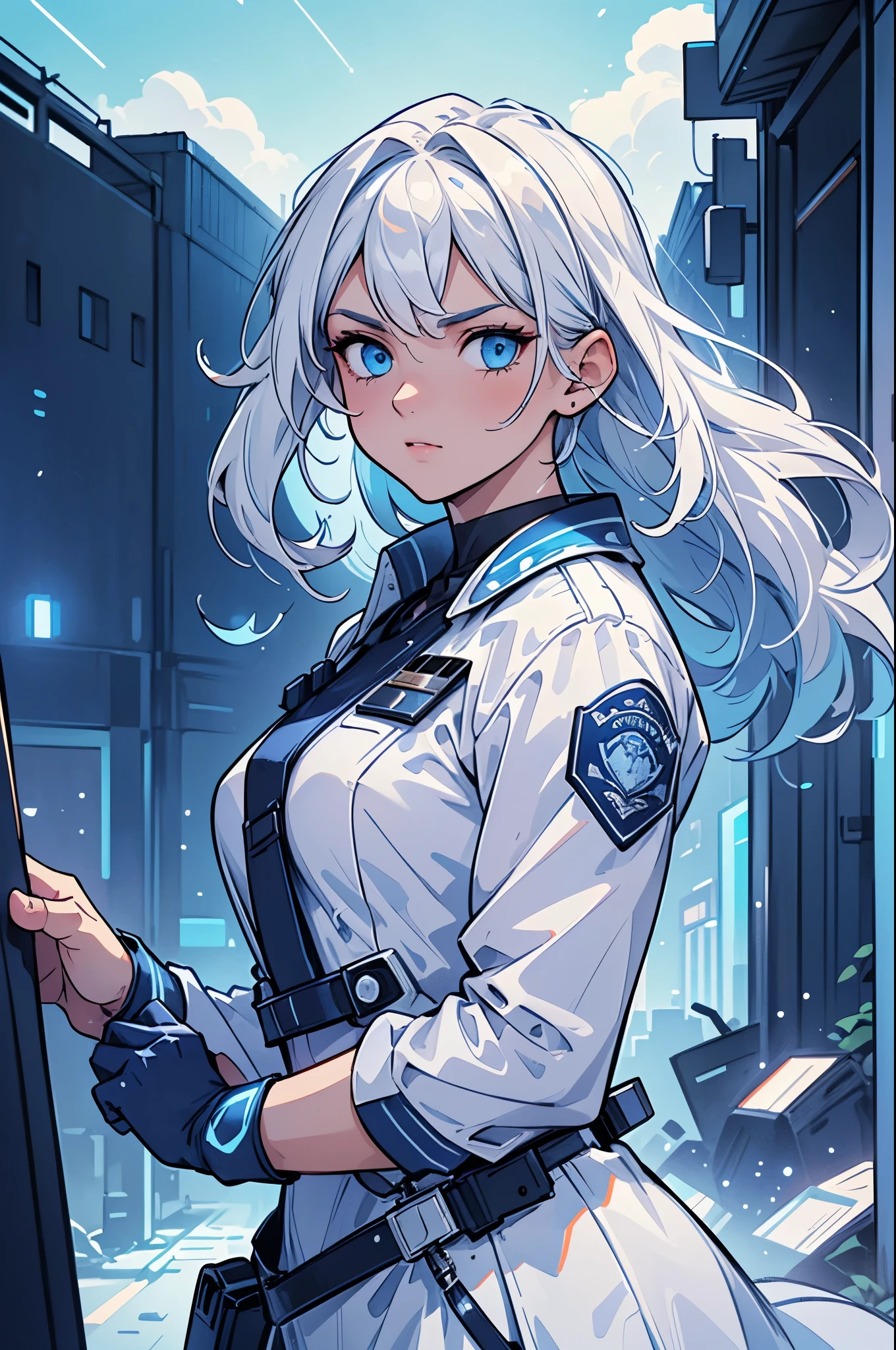 (masterpiece, best quality, detailed face, super detailed, advanced details, highest quality, high resolution, 8K) A cinematographic scene of a serious long hair white hair woman, blue eyes, with white police officer clothes, Neon blue lights and buildings background.
