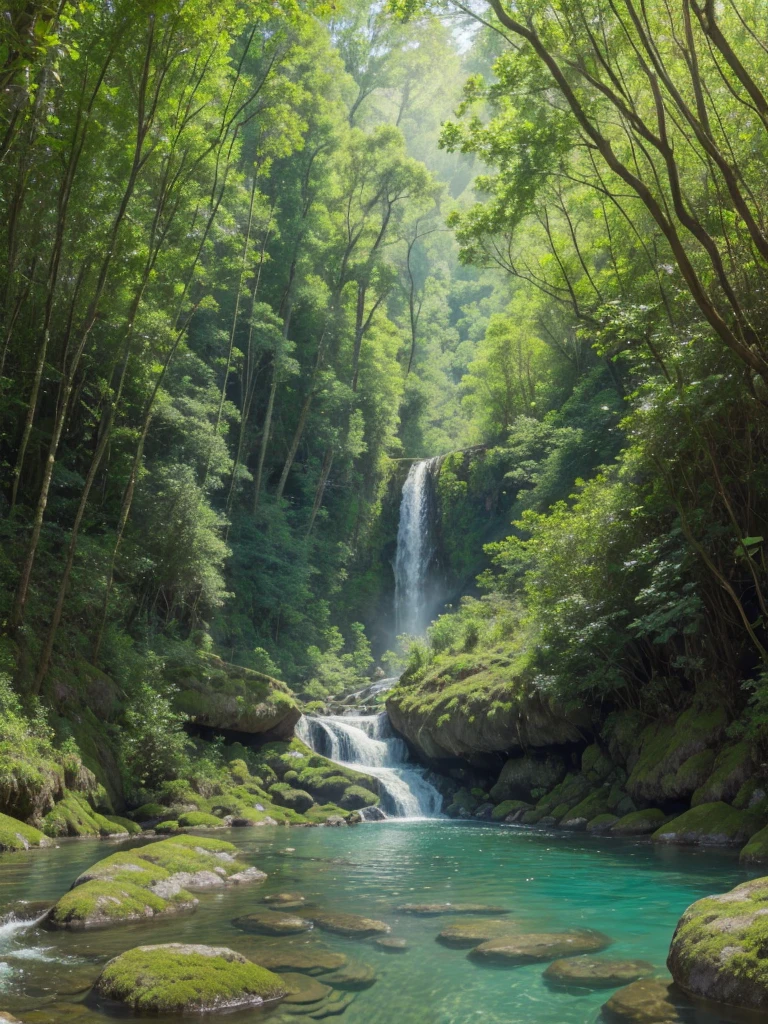 a hyper-realistic close-up image in high definition, 32k resolution, Narrow river with calm, clear waters., running through a forest in a valley, vast vegetation and foliage around, dew on vegetation, birds and butterflies flying, a waterfall in the background, gentle rays of the morning sun, Realistic textures, intricate details