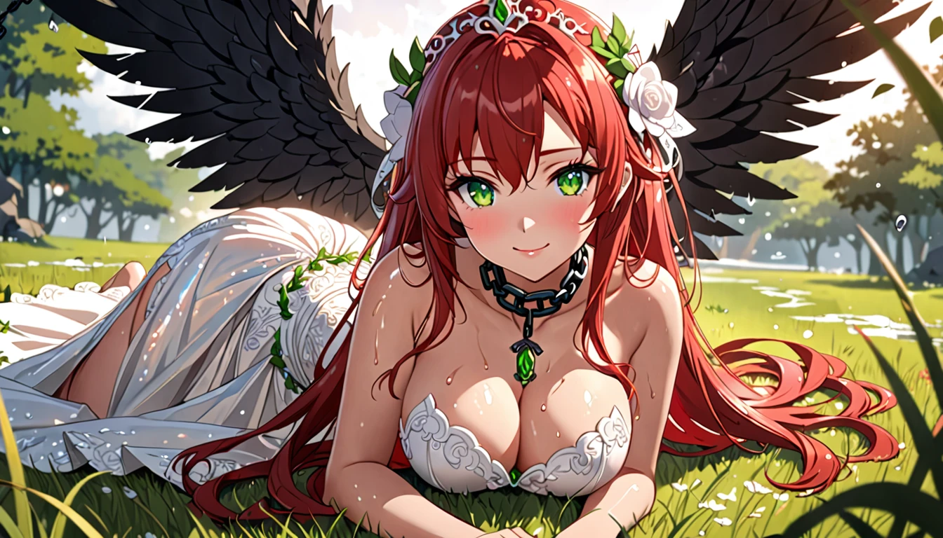 anime goddess girl black wings,((redhair)), black wings, beautiful face,smiling, fit body, big wet breast,wearing goddess dress, illustration,detailed textures,ultra-detailed(realistic),portrait style,vivid colors,soft lighting. red hair goddess girl , small girl, one girl, redwedding dress, face on camera, tight shirt, show large chest, dark isekai, shy girl, pitiful face, face forward to camera, bent pose, asking pose, pink cheeks, half body, body on big chain, smile, red eyes, no nails, pink blushes, lying on grass, very big breast, cleavage, wet breast, leg_up, lot of iron chains, anime girl leans forward, looking at viewer, slave collar necklace seductive anime girl, 8k octae render photo, cushart krenz key art feminine, 8k high quality detailed art, a sexy wedding dress,anime girl laying on the ground with green hair and green eyes, anime girl, seductive anime girl, attractive anime girl, beautiful alluring anime woman, top rated on pixiv, beautiful anime girl, beautiful alluring anime teen, anime goddess, detailed anime artwork, trending on artstation pixiv, sexy girl with green eyes, extremely detailed artgerm, guweiz