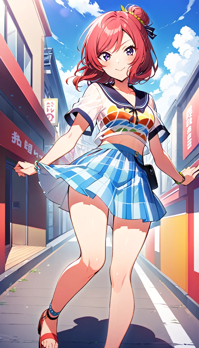 One girl, Maki Nishikino's whole body, wearing clothes for going out in the akihabara city in midsummer, id_maki_nishikino, town background