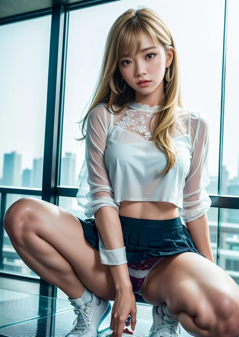 Japanese female college student、(Inside the observation deck of Tokyo Skytree)、((Glass floor))、Magic Mix Real、(Raw photo:1.2)、(Photorealistic:1.4)、The beauty of beautiful details Delicate expression、Blonde、((Panties are visible))(Squatting panchira)Earrings Eyelashes Beautiful and fine details、Large file size、Ultra-detailed、High resolution、Transcendental beauty Highest quality、masterpiece、、(Japanese female college studentのファッション))、Extremely detailed representation grow、In detail、Highly detailed facial cinematic lighting、22-year-old girl、Positive、((Dynamic Pose)))、(Sit with your knees bent))、(Lace blouse、Tight Skirt、sneakers)、Sexy upward glance、(While wearing a howing panties to the camera))、