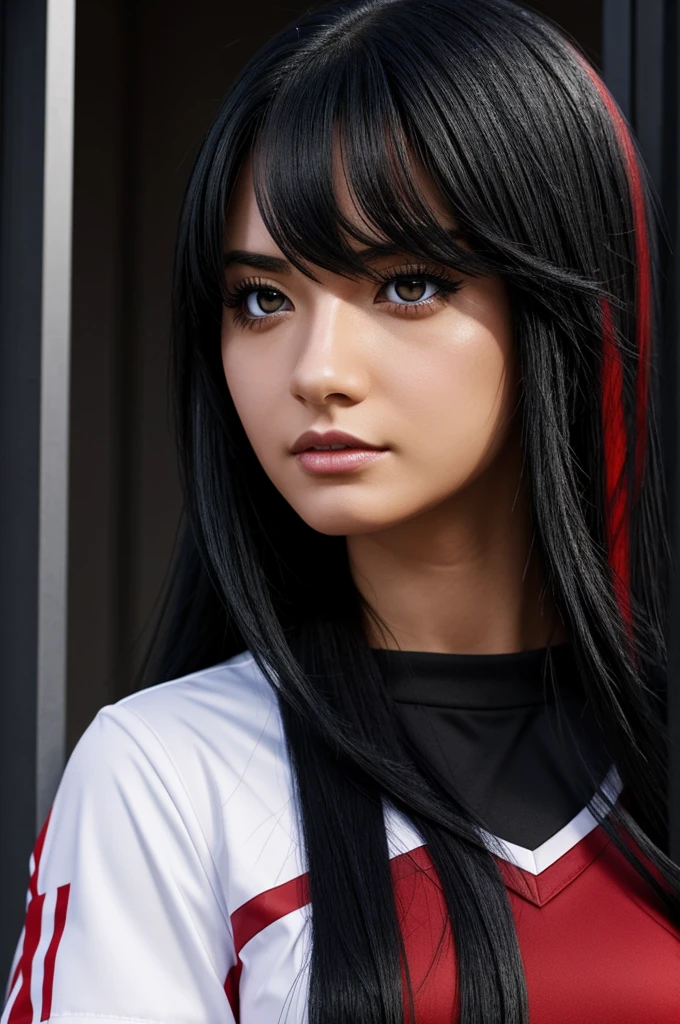 You can create a Boku no hero oc that is a woman with long straight black hair with a red streak and black eyes with the UA uniform