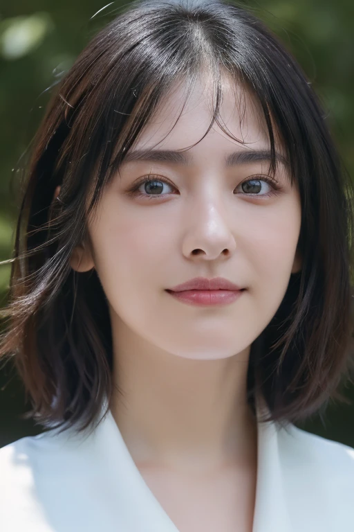 (award winning, 8k, super detailed, high resolution, best quality, professional photography, portrait), 1girl, solo, beautiful girl, beautiful eyes, detailed eyes, (black eye), (white blouse with collar), short hair, black hair, walking in the park, POV, [coy smile], summer light, (chin down), shy expression.