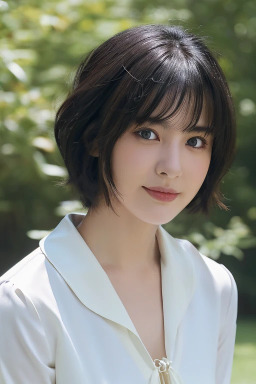 (award winning, 8k, super detailed, high resolution, best quality, professional photography, portrait), 1girl, solo, beautiful girl, beautiful eyes, detailed eyes, (black eye), (white blouse with collar), short hair, black hair, walking in the park, POV, [coy smile], summer light, (chin down), shy expression.