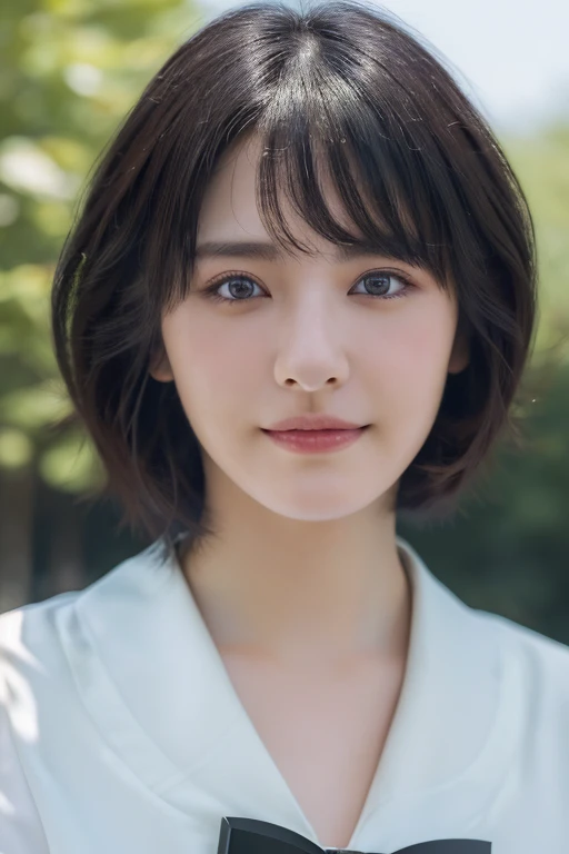 (award winning, 8k, super detailed, high resolution, best quality, professional photography, portrait), 1girl, solo, beautiful girl, beautiful eyes, detailed eyes, (black eye), (white blouse with collar), short hair, black hair, walking in the park, POV, [coy smile], summer light, (chin down), shy expression.