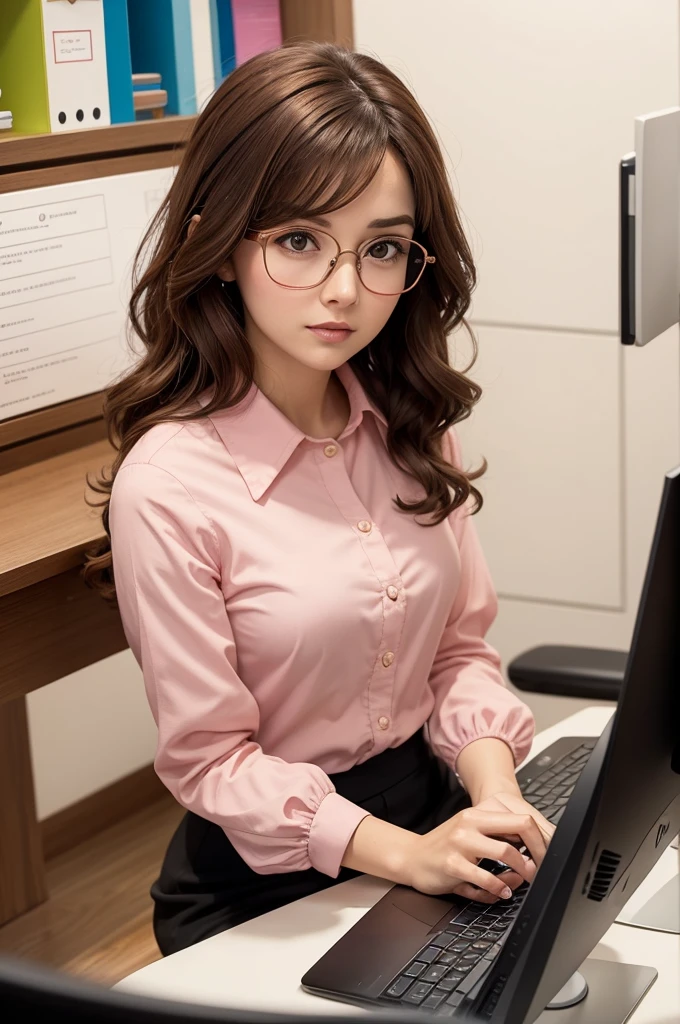 Pixar Disney character of a stationery store owner, eyes browns, wavy brown hair, wearing round-framed glasses and a pink blouse. she is sitting, There is a computer in front of her and she has scissors in her hands.