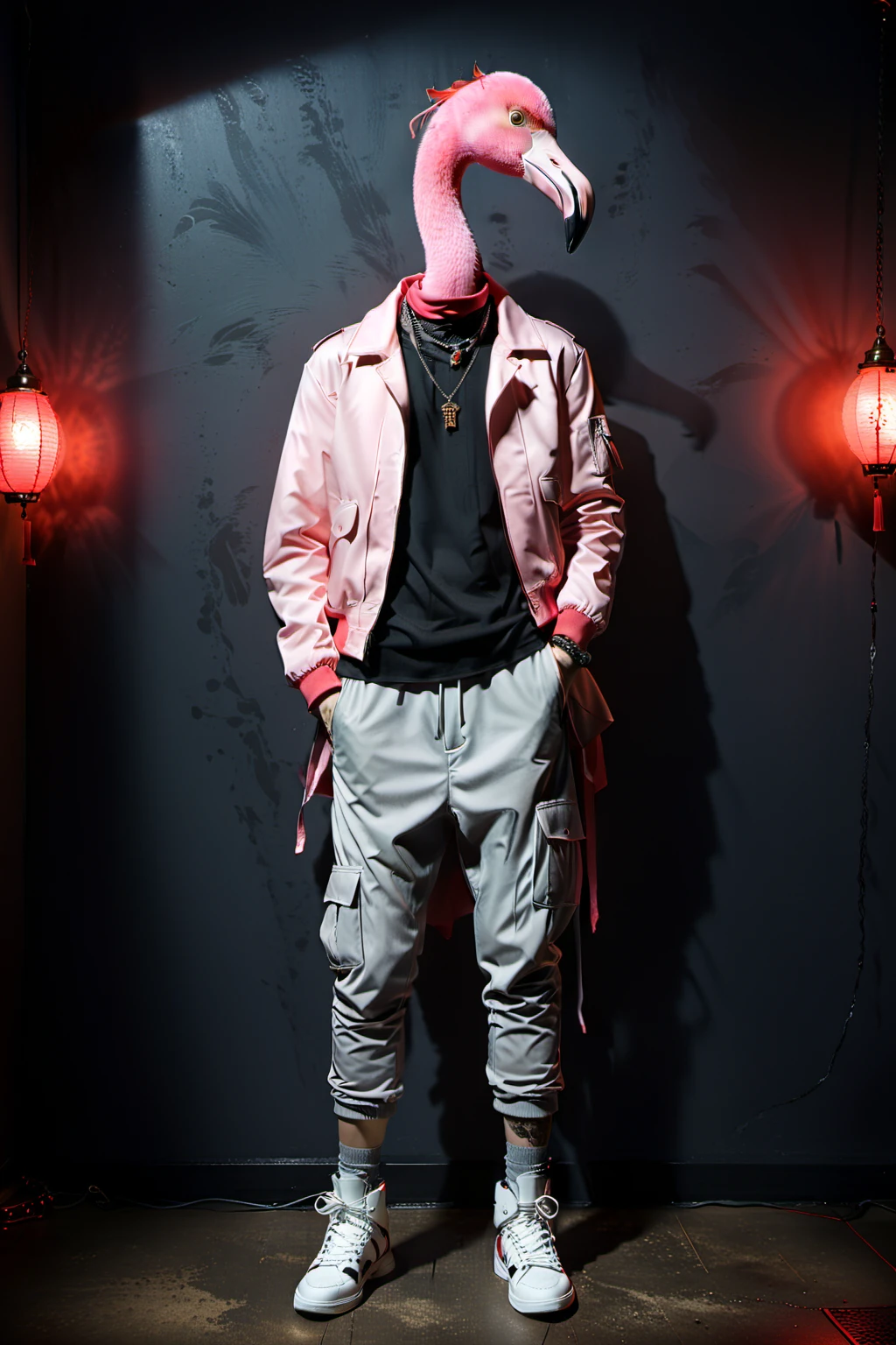 So you can edit it later、An anthropomorphic pink flamingo with a space above its head and a red image。
赤色のHIPHOPの衣装を着てド派手な装飾した独特のポーズをする

The background is darkに怪しげな赤色の煙、A mysterious red light pierces it. The light also shines on the character, making it clearly visible. Create an image with this composition according to the following rules.。
 High resolution textures、Texture、Realなディテール、
The background is dark、Mysterious and、There is a good atmosphere、Dramatic lighting and high contrast images、Extremely high resolution to create photo-realistic card game patterns。
The design will be surrounded by a border、80 from the center of the space so that the character is not hidden%Please。
Use indirect lighting and textured backgroundake the central character stand out。
Full body portrait、Dynamic pose。
 にかくテクスチャがRealで細かいファッションの服。
Fashionable sneakers、boots、Sandals、hat、Smoke Accessories Necklace、Earrings、ring、bandana car、bike、Tattoos etc.、Choose according to your outfit and mood。
Real、8K




(masterpiece、Highest quality、high detail、超Real:1.2)、 
Anthropomorphic animals、Full body portrait

(Photorealistic:1.4), Cinematic lighting, 8K  UHD、 
Professional Photography、

(詳細な毛皮のTexture:1.3), Expressive eyes、 
Designer clothing、Luxury Brands、 
(Perfect tailoring:1.2), High Fashion Accessor
Moody atmosphere、Dramatic Shadows、 
High contrast lighting、Depth of written boundary、
Film Grain、Color Grading、

(Color Palette：1.3）、（Calm earth colors：1.2）、 
(Rich Brown：1.1）、（Deep Gray：1.1）、（subtle gold accents：1.0）、
(warm color：1.1）、（Color harmony：1.2）、

(Soft diffused lighting：1.2）、（Rim lighting：1.1）、
(Volumetric Lighting:1.0), (Ambient Occlusion:1.1)