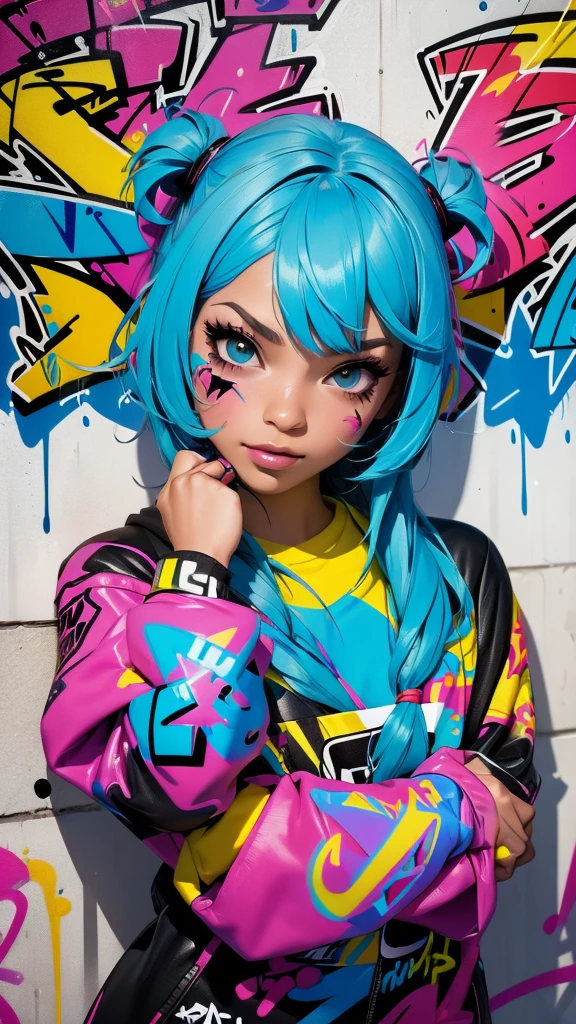 (best quality), (high detail), (vivid colors), (graffiti style), (freestyle), (Close up), (1girl), young sexy female graffiti artist, spraying graffiti on a wall painted with street art, HDR, 8K, 3D, graffiti art style.