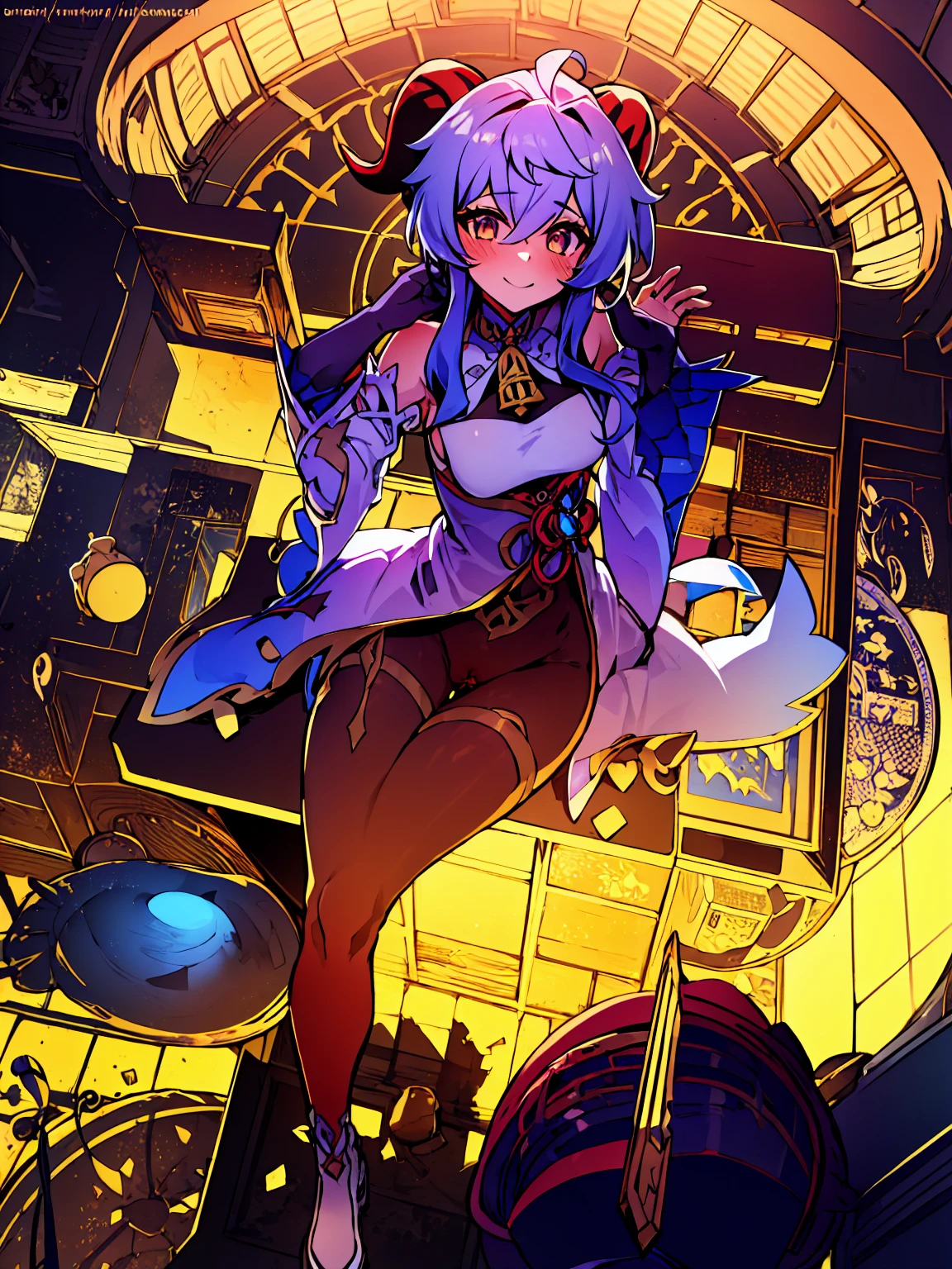 Very detailed,Pieces fly, Highest quality, Anime Images, Anime style etc.., Hired \(Genshin Impact\), Sit at the table, View from above, smile, 1 Girl, Twin Horn, ticker,Fits your body type, I can see the pussy , blush, Colorful pastel fantasy,Sexy pose,Very detailed background,Nice views,Beautiful and beautiful scenery,（（Very detailed landscape））,Incredibly high quality,Night Sky