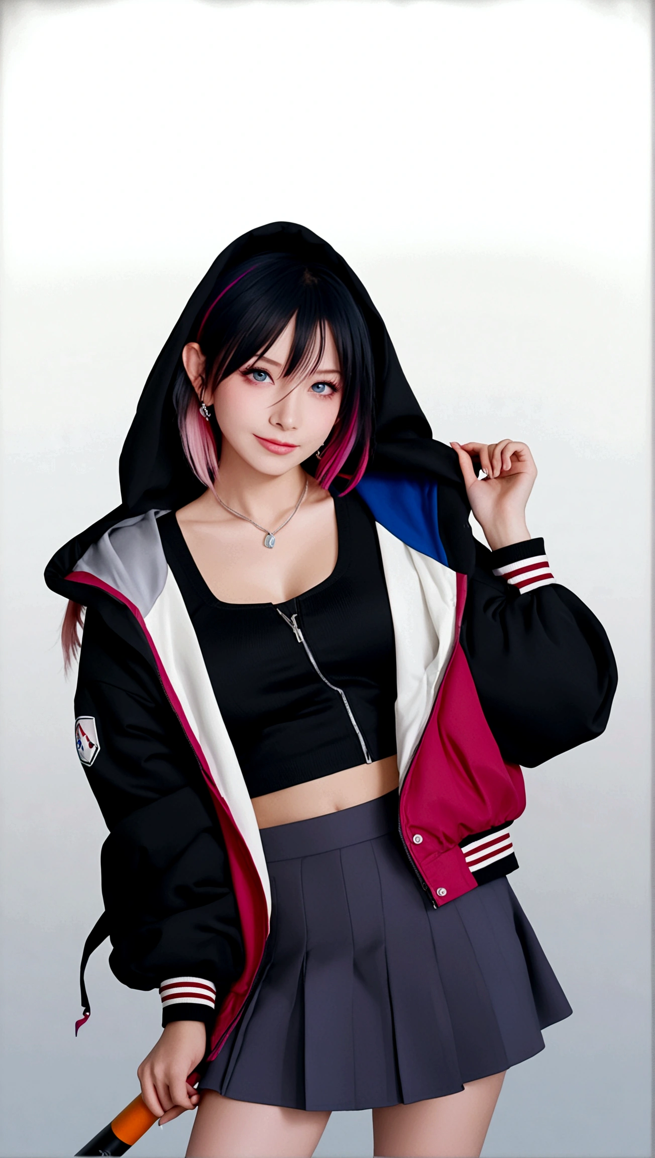 1girl, solo, long hair, looking at viewer, smile, bangs, blue eyes, skirt, shirt, black hair, long sleeves, holding, jewelry, closed mouth, standing, collarbone, jacket, white shirt, ponytail, pink hair, multicolored hair, cowboy shot, pleated skirt, earrings, open clothes, artist name, hood, black skirt, grey background, open jacket, streaked hair, black jacket, head tilt, gradient, grey eyes, gradient background, hood down, hooded jacket, baseball bat, holding baseball bat