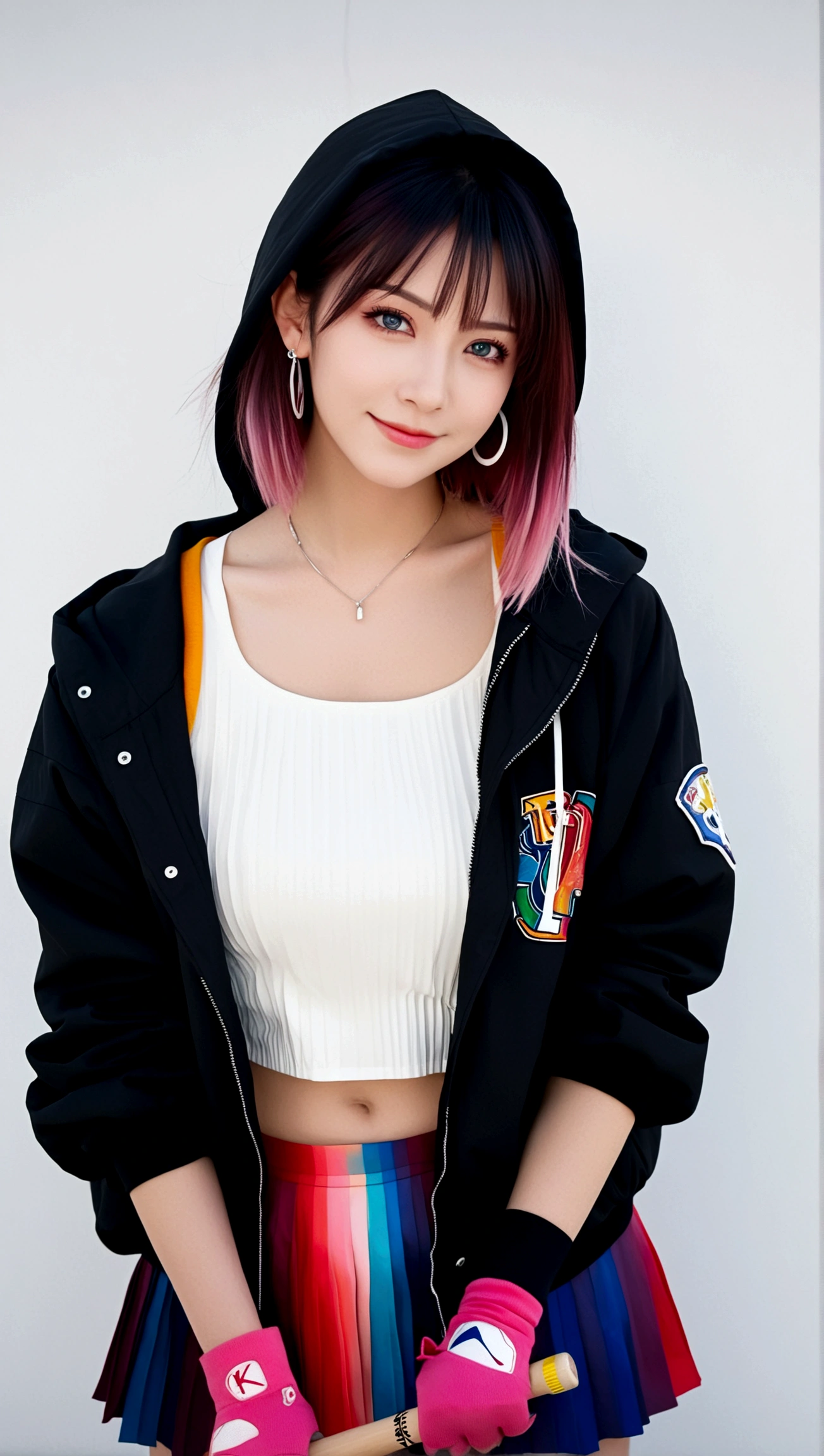 1girl, solo, long hair, looking at viewer, smile, bangs, blue eyes, skirt, shirt, black hair, long sleeves, holding, jewelry, closed mouth, standing, collarbone, jacket, white shirt, ponytail, pink hair, multicolored hair, cowboy shot, pleated skirt, earrings, open clothes, artist name, hood, black skirt, grey background, open jacket, streaked hair, black jacket, head tilt, gradient, grey eyes, gradient background, hood down, hooded jacket, baseball bat, holding baseball bat