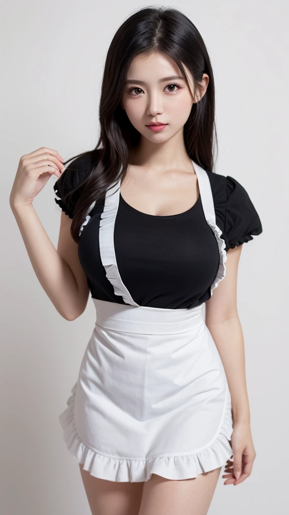 (((forehead、Northern Europe、White people、beautiful girl、Black Hair、White background、apron、sexy、Big Breasts、Frills、)))、table top, highest quality, figure, super detailed, finely, High resolution, 8k wallpaper, Perfect dynamic composition, detailed and beautiful eyes, Deco out,bionde, breasts, Natural color lip,white background, random cute poses,