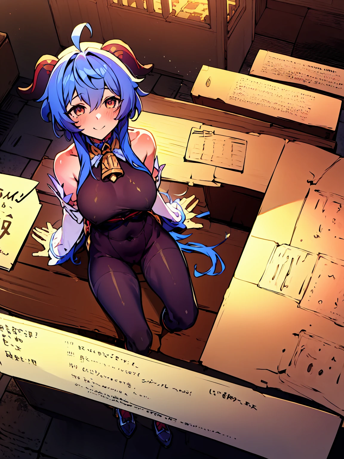 Very detailed,Pieces fly, Highest quality, Anime Images, Anime style etc.., Hired \(Genshin Impact\), Sit at the table, View from above, smile, 1 Girl, Twin Horn, ticker,Fits your body type, I can see the pussy , blush, Colorful pastel fantasy,Sexy pose,Very detailed background,Nice views,Beautiful and beautiful scenery,((Very detailed landscape)),Incredibly high quality,Night Sky