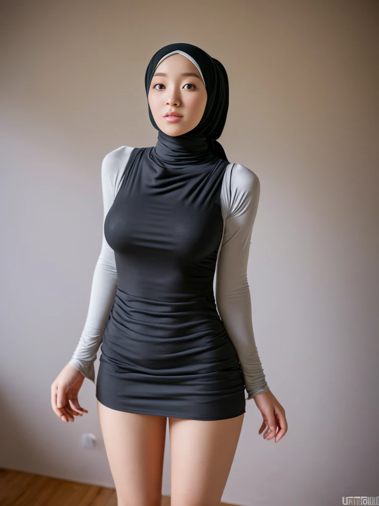 Ultra High Resolution, 8K, Hijab girl, Mongolian hijab girl, gorgeous Hijab girl, hyperdetailed, perfect body, lower body, Wear turtleneck tight dress, Mini skirt, Show thighs, 