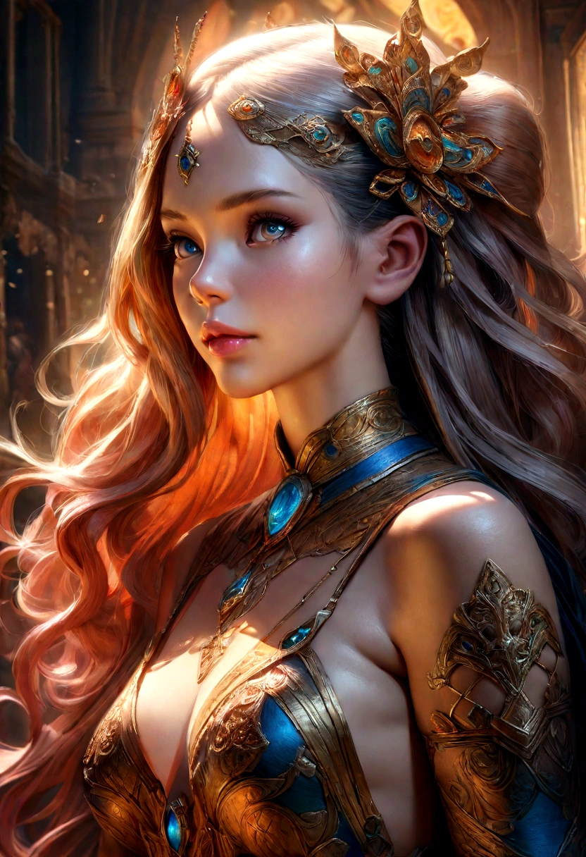 a beautiful detailed young girl, intricate ornate dress, long flowing hair, detailed elegant face, beautiful detailed eyes, beautiful detailed lips, extremely detailed eyes and face, long eyelashes, detailed ornate hair accessories, highly detailed, masterpiece, photorealistic, 8k, HDR, ultra-detailed, hyper-realistic, cinematic lighting, intricate detailed background, vibrant colors, fantasy art style