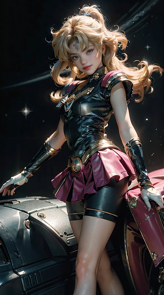 (Extreme detail CG Unity 8K wallpaper, masterpiece, highest quality), (exquisite lighting and shadow, highly dramatic picture, cinematic lens effect), (Sailor Moon: 1.1), charming smile, double tail, blue eyes, blond hair, tight top, pink gloves, mini skirt, dynamic pose), the background is the universe (excellent detail, excellent lighting, wide angle), (excellent rendering, enough to stand out in its class),whole body