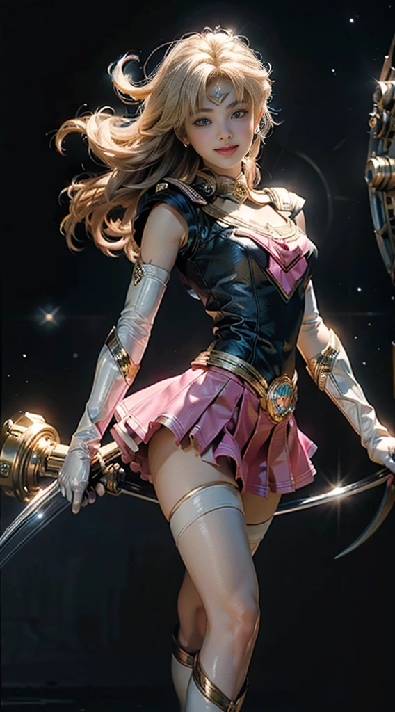 (Extreme detail CG Unity 8K wallpaper, masterpiece, highest quality), (exquisite lighting and shadow, highly dramatic picture, cinematic lens effect), (Sailor Moon: 1.1), charming smile, double tail, blue eyes, blond hair, tight top, pink gloves, mini skirt, dynamic pose), the background is the universe (excellent detail, excellent lighting, wide angle), (excellent rendering, enough to stand out in its class),whole body