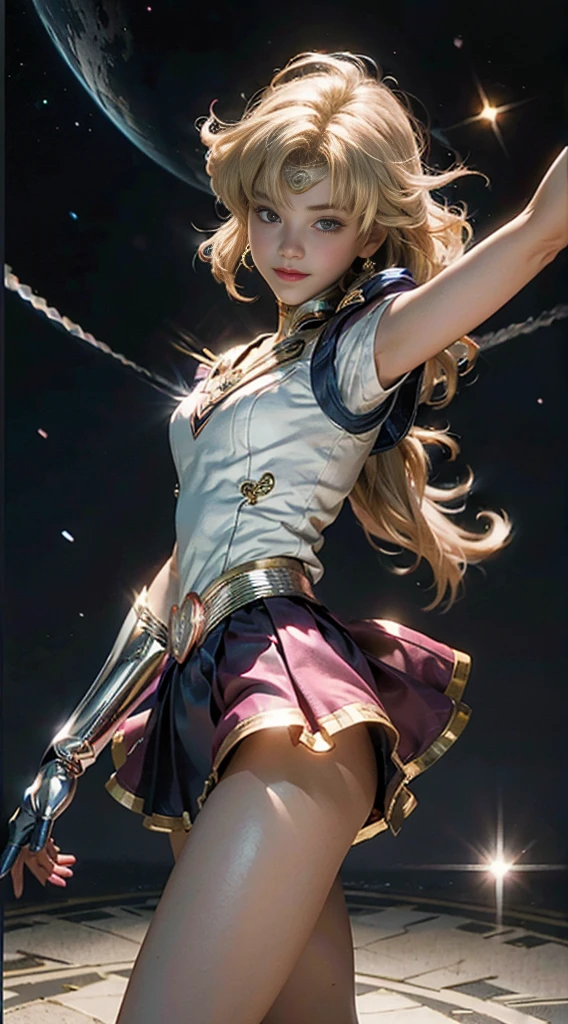(Extreme detail CG Unity 8K wallpaper, masterpiece, highest quality), (exquisite lighting and shadow, highly dramatic picture, cinematic lens effect), (Sailor Moon: 1.1), charming smile, double tail, blue eyes, blond hair, tight top, pink gloves, mini skirt, dynamic pose), the background is the universe (excellent detail, excellent lighting, wide angle), (excellent rendering, enough to stand out in its class),whole body