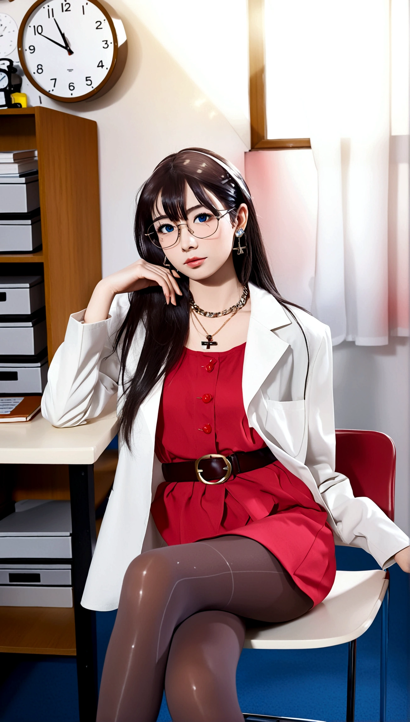 1girl, solo, long hair, bangs, blue eyes, brown hair, black hair, long sleeves, dress, jewelry, sitting, pantyhose, earrings, glasses, belt, indoors, necklace, black pantyhose, chair, short dress, red dress, crossed legs, desk, head rest, labcoat, clock, pen