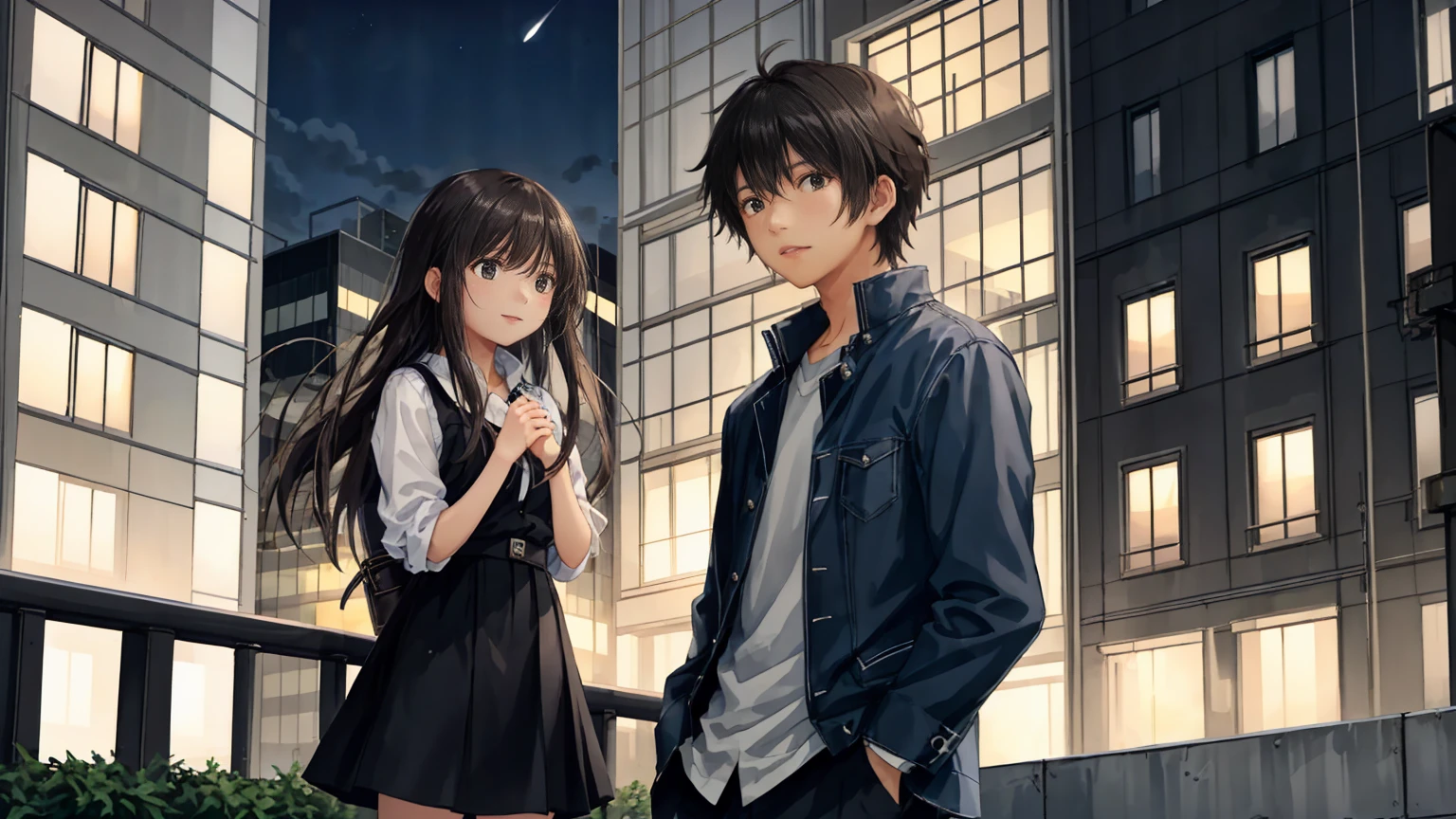 A cool breeze blows between the buildings in a summer night city background。The two figures are illuminated by the soft lights of the building, creating a fantastic atmosphere.２Shot shows a young man and a young woman standing facing forward。The woman is cute and relaxed as she looks up at the night sky.、She is wearing a cute casual shirt and skirt.、Long black hair fluttering in the wind。He has a short, neat hairstyle、Handsome man with a sweet smile、A young man has his hands in his pockets。