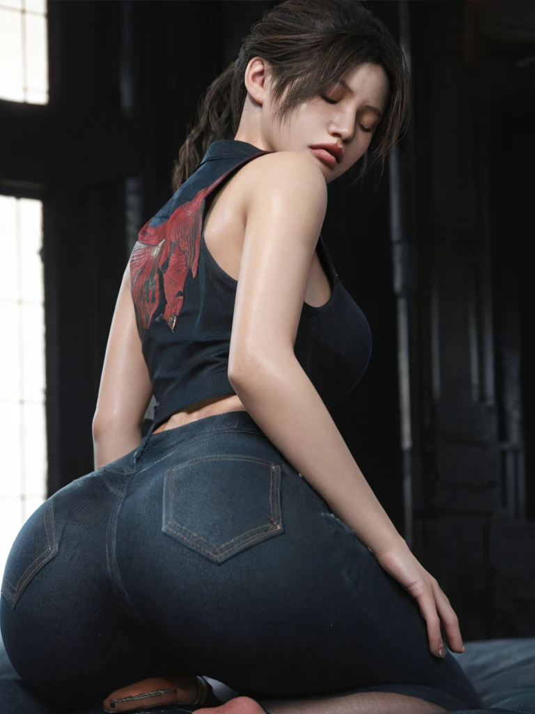(masterpiece, best quality), 1girl , claireredfield2, wear jeans, dying, close her eyes, sleep, ass