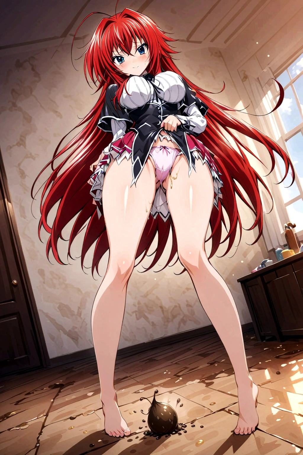 Antme. High School DxD. Rias Gremory.  from the anime Hight School DxD. Diarrhea. She farts. Wants to poop. I need to poop. A very strong, desperate urge to poop. Poop comes out of her butt and stains her panties. She poops in her panties. She poops on herself. She poops on the floor. She poops standing up. She pooped while standing. She pooped in her panties. She pooped on the floor. She pooped under herself. She shit herself. The poop lies on the floor of the room, covered in liquid feces. Embarrassment. Blush. Pee. Standing. Knees together and feet apart. Abdominal pain. Hands on stomach. The panties are stained with diarrhea. Nose flows down my thighs. Cry. Tears in my eyes. Lean forward. Sigh. The girl can't stand straight. 8k Ultra detail. Better quality. A high resolution. Scat. Full height. Full body.