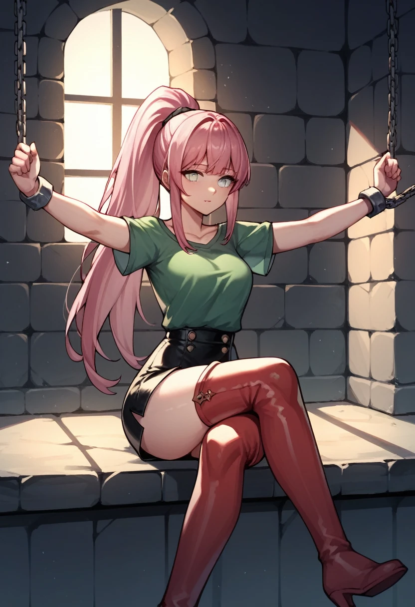 score_9, score_8_up, score_7_up, score_6_up, score_5_up, score_4_up, source_anime, 1 woman, sit, pink hair, ponytail, white eyes, w-w-chain, shackles, spread arms,crossed legs, long hair, green shirt,leather skirt,red thigh boots ,night, dungeon, best quality, best res, 4K UHD,
 