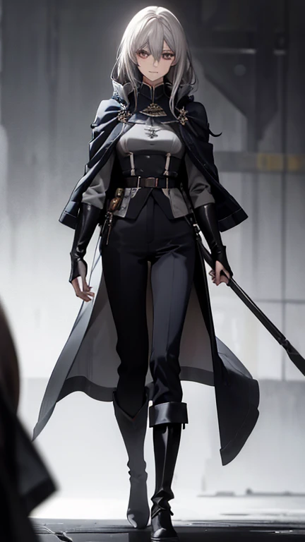 (Confused, High resolution, Very detailed), 1 female, Silver Hair,Long Hair,Reddish brown eyes,Blue and black military uniform,24th generation,beauty,mature,thin,quiet,Calm,A small smile,Long Cape,Slender and thin,Knee-high boots,skinny pants,Hangar,Small breasts,thin身体,Are thin