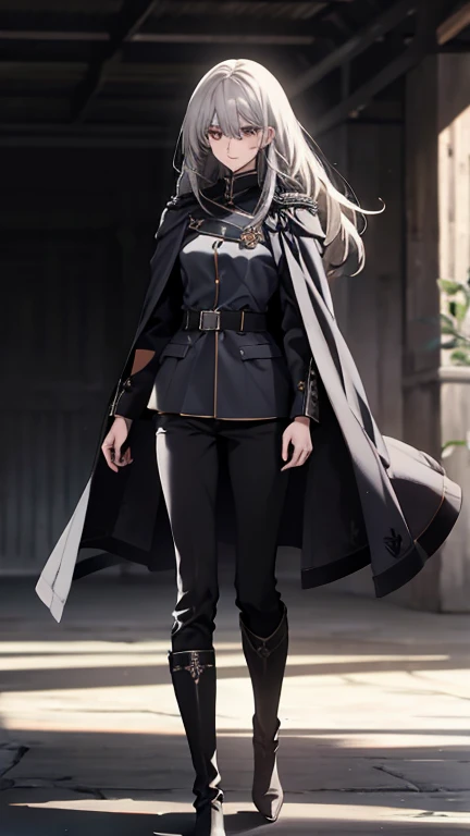 (Confused, High resolution, Very detailed), 1 female, Silver Hair,Long Hair,Reddish brown eyes,Blue and black military uniform,24th generation,beauty,mature,thin,quiet,Calm,A small smile,Long Cape,Slender and thin,Knee-high boots,skinny pants,Hangar,Small breasts,thin身体,Are thin