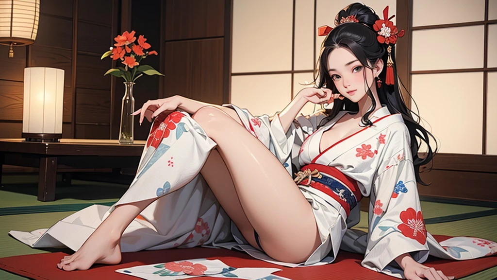 (Highest quality、masterpiece、High resolution、8K)、Ukiyo-e、Vibrant colors、Utamaro、Edo Period、Flowers of Yoshiwara、1 flower kui、whole body、Japanese-style room、It is a tatami room.、There is a candle light、Utamaroの絵のモデル、Oiran Hair、Decoration、The kimono is white with red floral patterns、Sitting、Sitting sideways、Her kimono flips up, exposing the bare skin of her legs.、One hand is holding a fan open、Official Art、