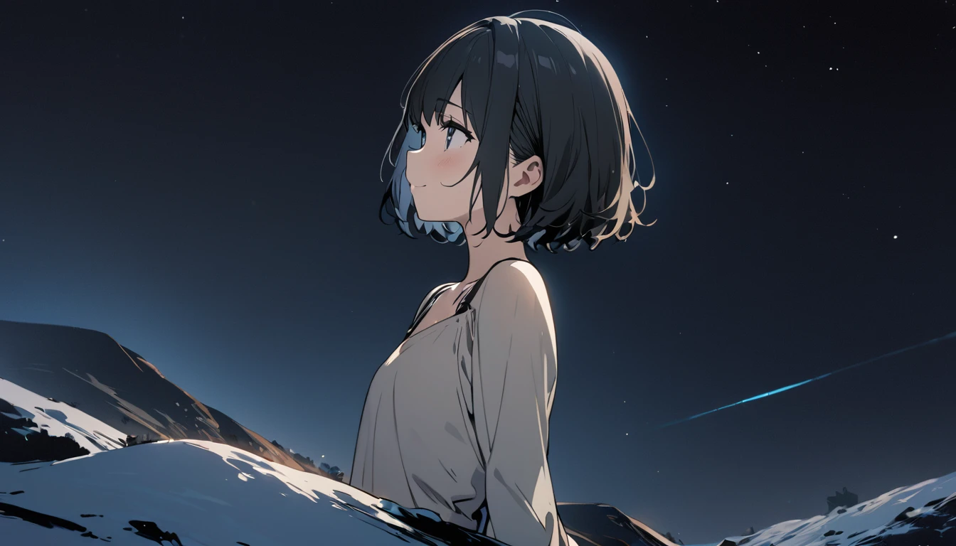 1girl, solo, gentle smile on her face flat chest, short hair, black hair, upper body, ((masterpiece, illustration, best quality)) ((best quality)), ((masterpiece)), (detailed), On the top of the mountain at night，The girl crouched on the ground looking at the night sky in the distance