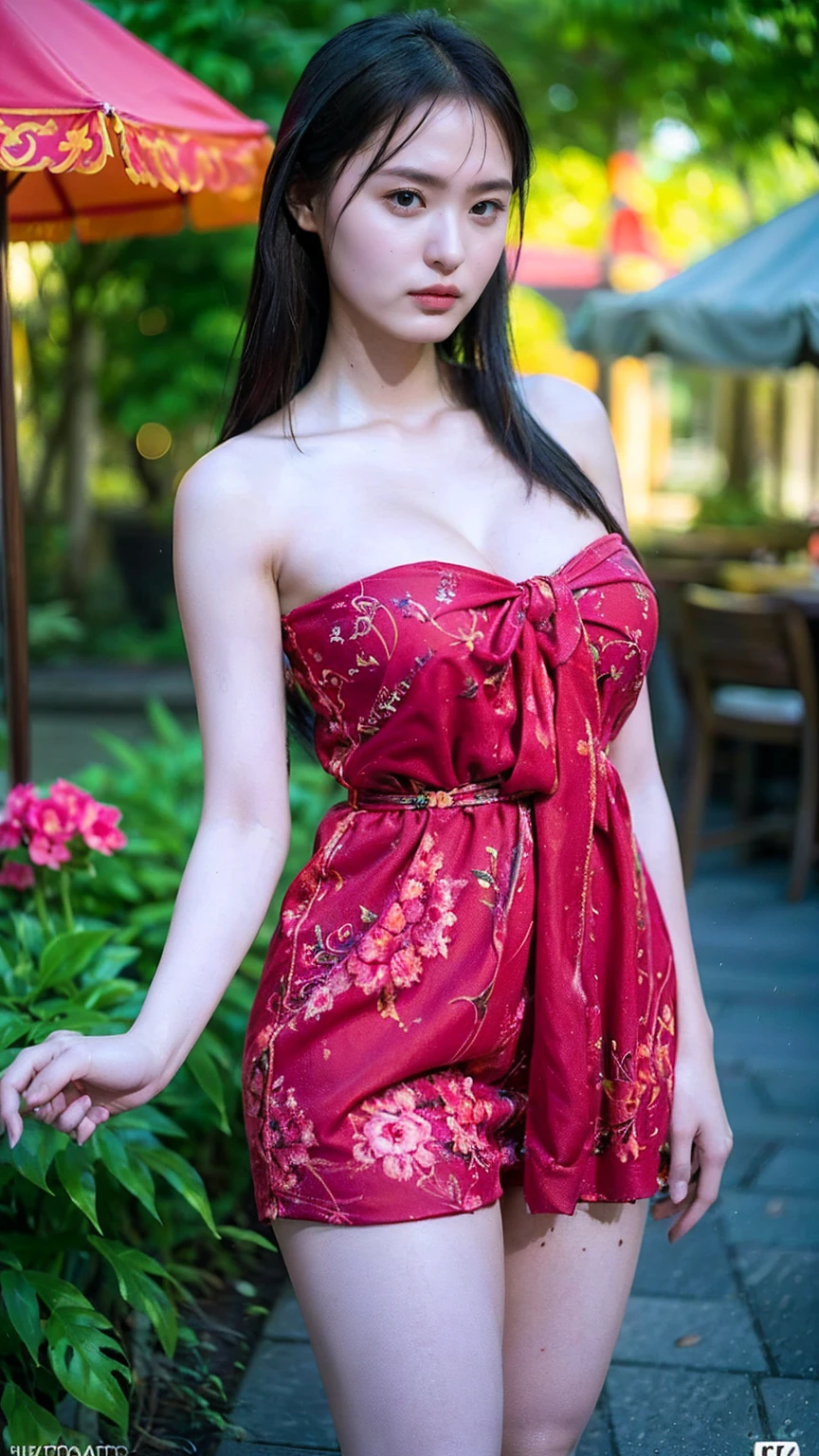 (masterpiece:1.4), (best quality:1.4), ultra high res, ultra high resolution, ((detailed facial features)), HDR, (realistic, photorealistic, photo-realistic:1.37), full body Esbian, sexy Vietnamese model, (-anime), vivid colors, ((vivid colors multicolor (red, fuchsia) very short hair)), (big smile), lip-gloss, long lashes, ultra detailed metallic makeup, defined eyebrows, wearing large sparkling colorful jewelery, (wearing a red silk Paradise Kiss cosplay dress with black floral embroidery), ((vivid colors outfit)), vivid colors, look at the camera, cinematic light, large park background with trees, sweet and sexy pose
