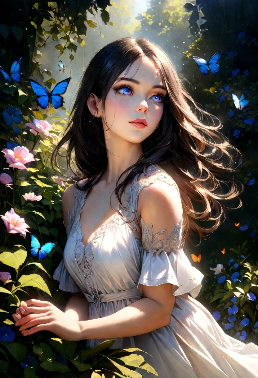a beautiful girl with long dark hair, detailed eyes, detailed lips, extremely detailed face and skin, long eyelashes, wearing a white dress, in a romantic garden setting with flowers and butterflies, high quality, cinematic lighting, vibrant colors, photorealistic, intricate details, masterpiece, digital painting