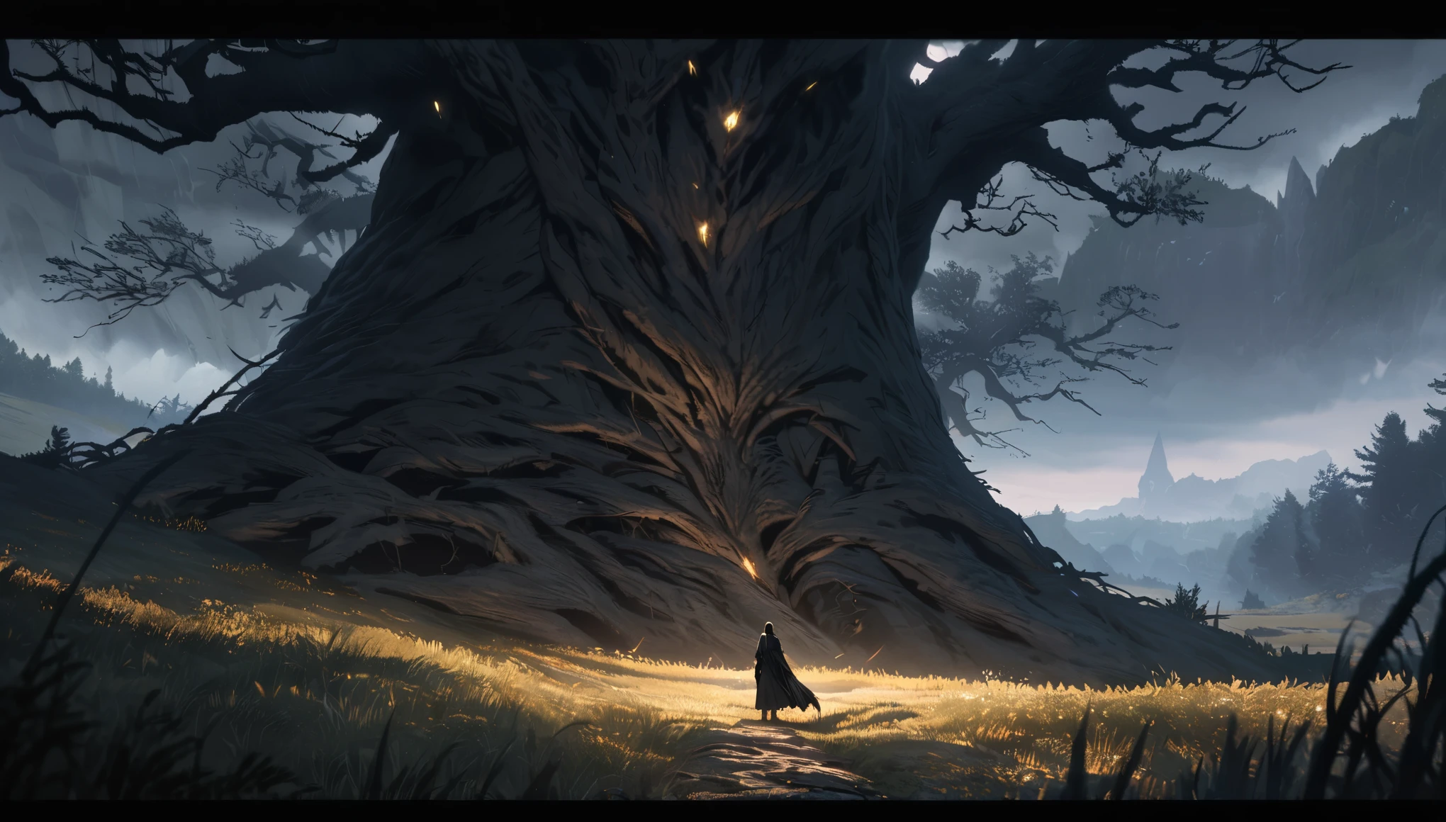 dark fantasy aestetics, elden ring, elden ring style dark night, dim light, huge cracked tree on the background, tree of the shdows, tree shines gold, veil covering the land, dark fantasy scene, cinematic sceme, breathtaking view, big grass field on the background, dark fantasy, horror, dnd, atmospheric perspective, perspective, wide shot, 4K, 8k, highres, high quality, masterpiece, best quality